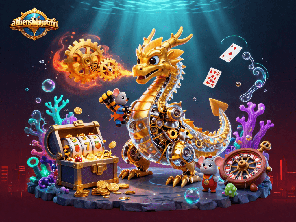 Engage in thrilling gameplay with athenshappytrain's animated golden dragon and colorful slot symbols.