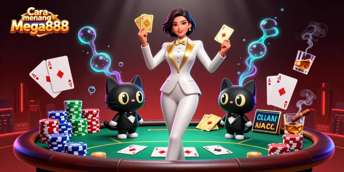 Cara menang Mega888 tips with a glamorous woman and a tuxedo cat at a vibrant poker scene