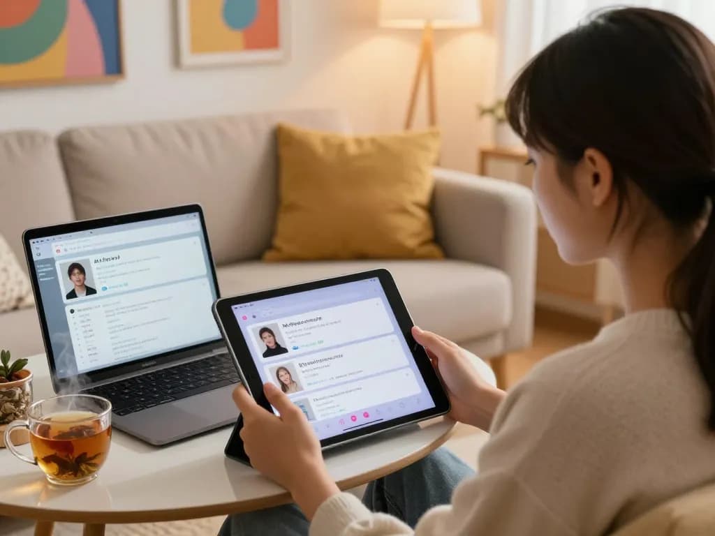 Engaging in ai sex chat on a modern tablet in a cozy living room setting.