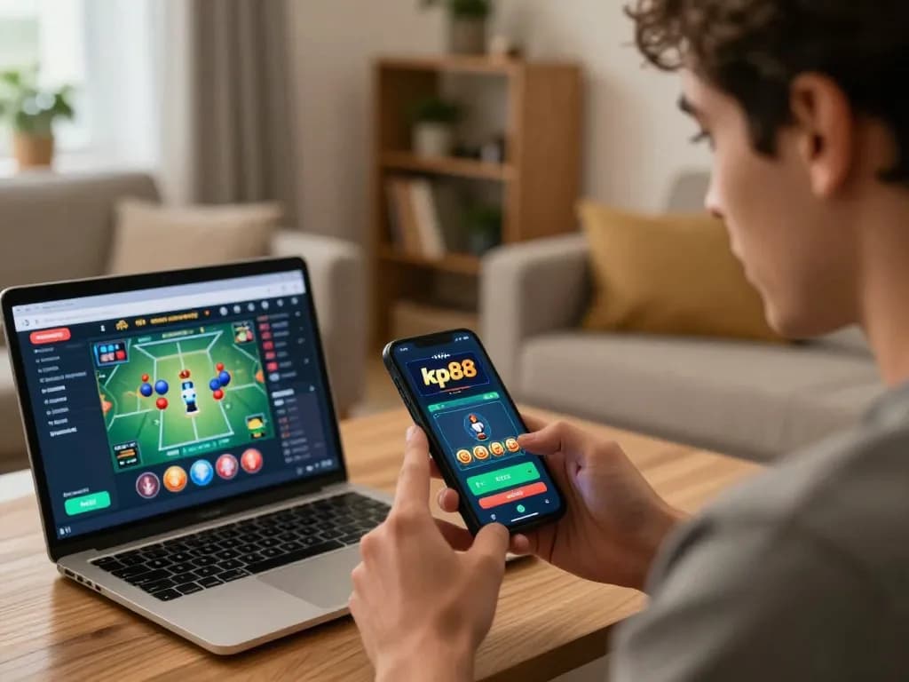 Engaging with the kp88 casino app on smartphone in a cozy home setting.