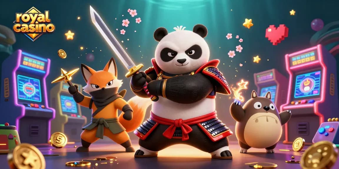 Experience thrilling gaming action with royal casino characters like a samurai panda and ninja fox.