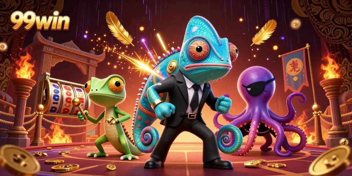 Experience thrilling gambling with 99win's vibrant 3D digital casino adventure illustration