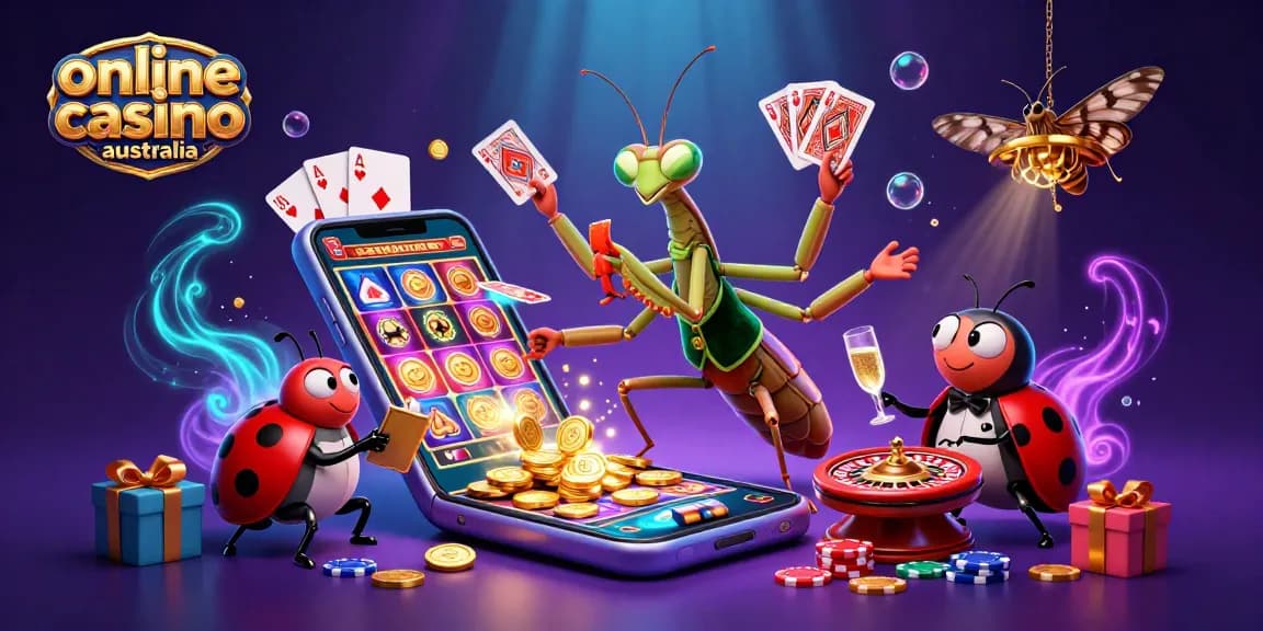 Experience the thrill of online casino Australia with immersive scenes of a mantis card sharp, ladybug pit boss, and exciting games.