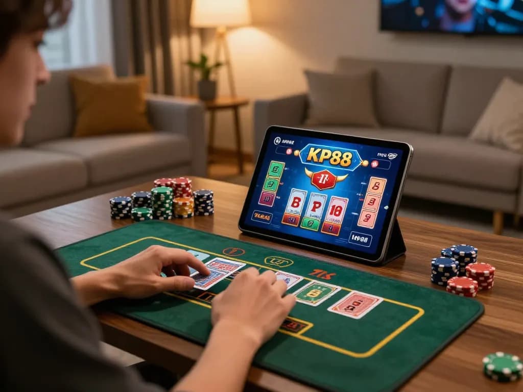 Engaged player using KP88 tablet for online casino gaming at home with vibrant atmosphere.