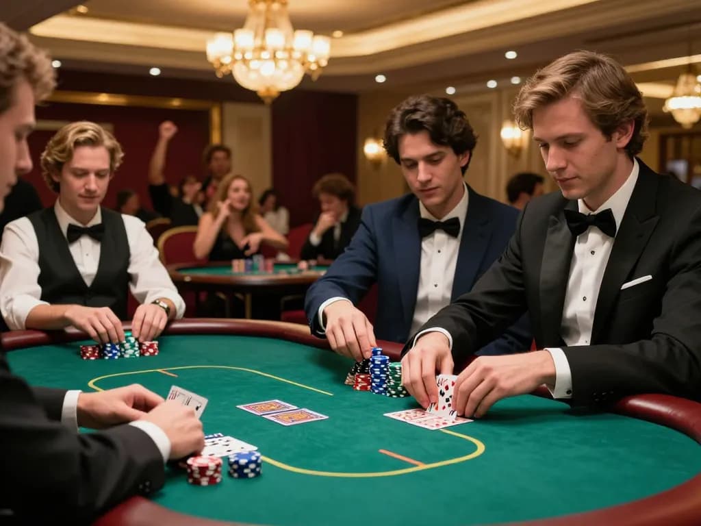 Players engaging in a high-stakes poker game at LC88 casino, showcasing intense strategy and luxury.