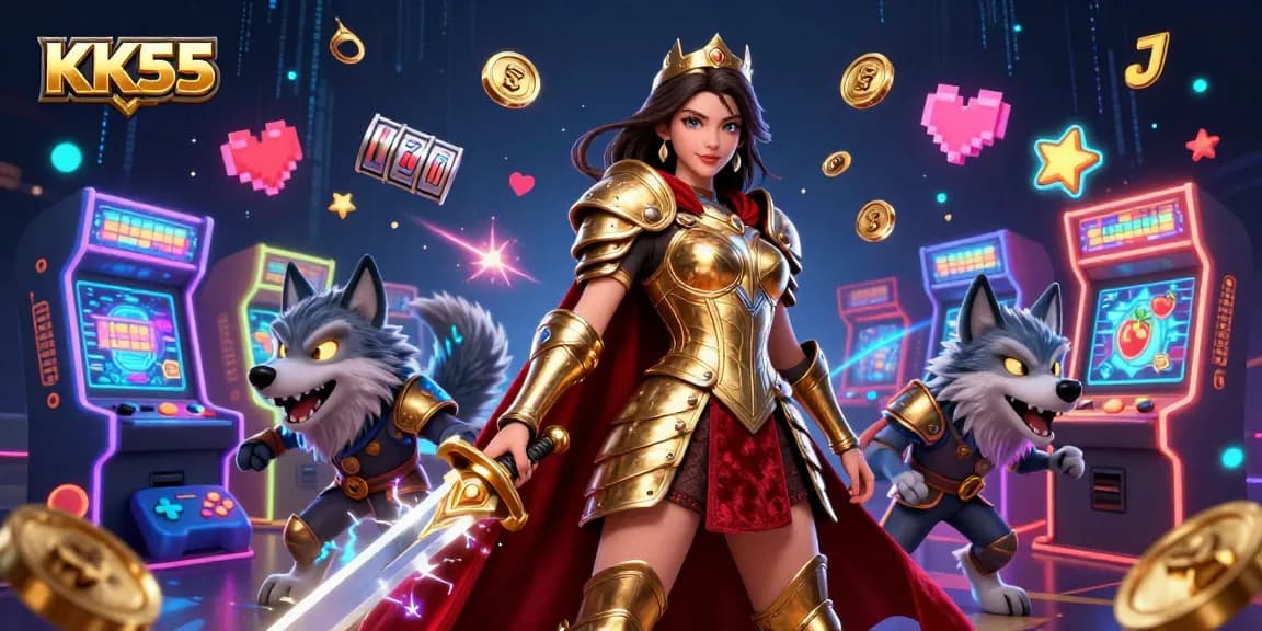 Engage in thrilling gameplay at KK55 with a stunning warrior queen and dynamic casino elements.