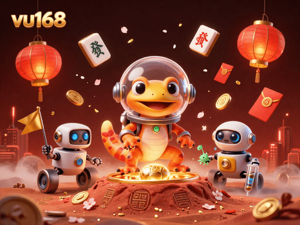 vu168 showcases a Martian gecko discovering a golden casino, surrounded by festive gambling elements.