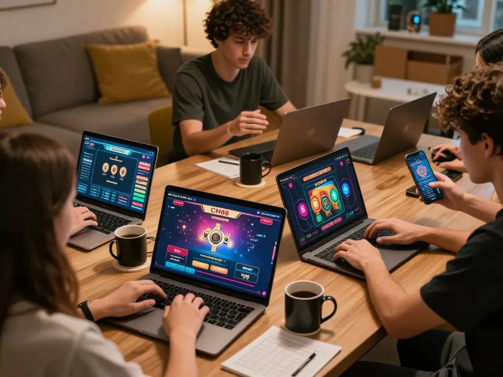 Players enjoying online games at CM88 in a cozy home setting, celebrating wins and engaging with strategy.