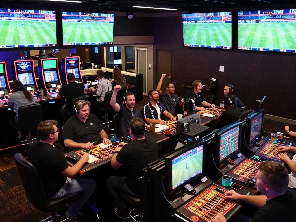 Cược thể thao in action as enthusiastic players place bets and engage in discussions, surrounded by screens showing live events.