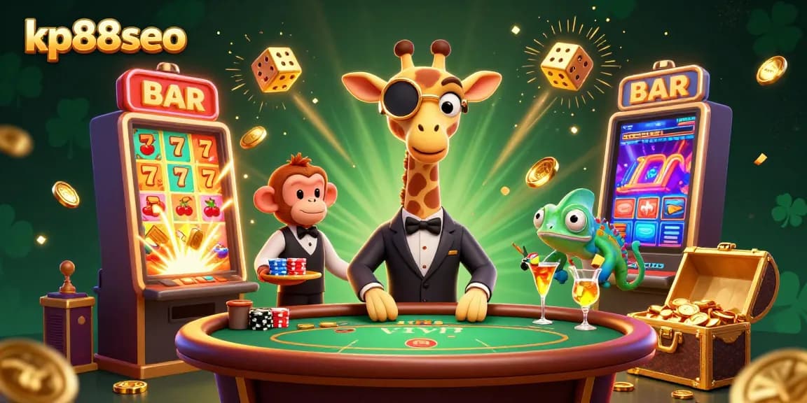 Enjoy thrilling action at kp88seo with a giraffe high-roller, monkey valet, and chameleon bartender in this vibrant casino scene.