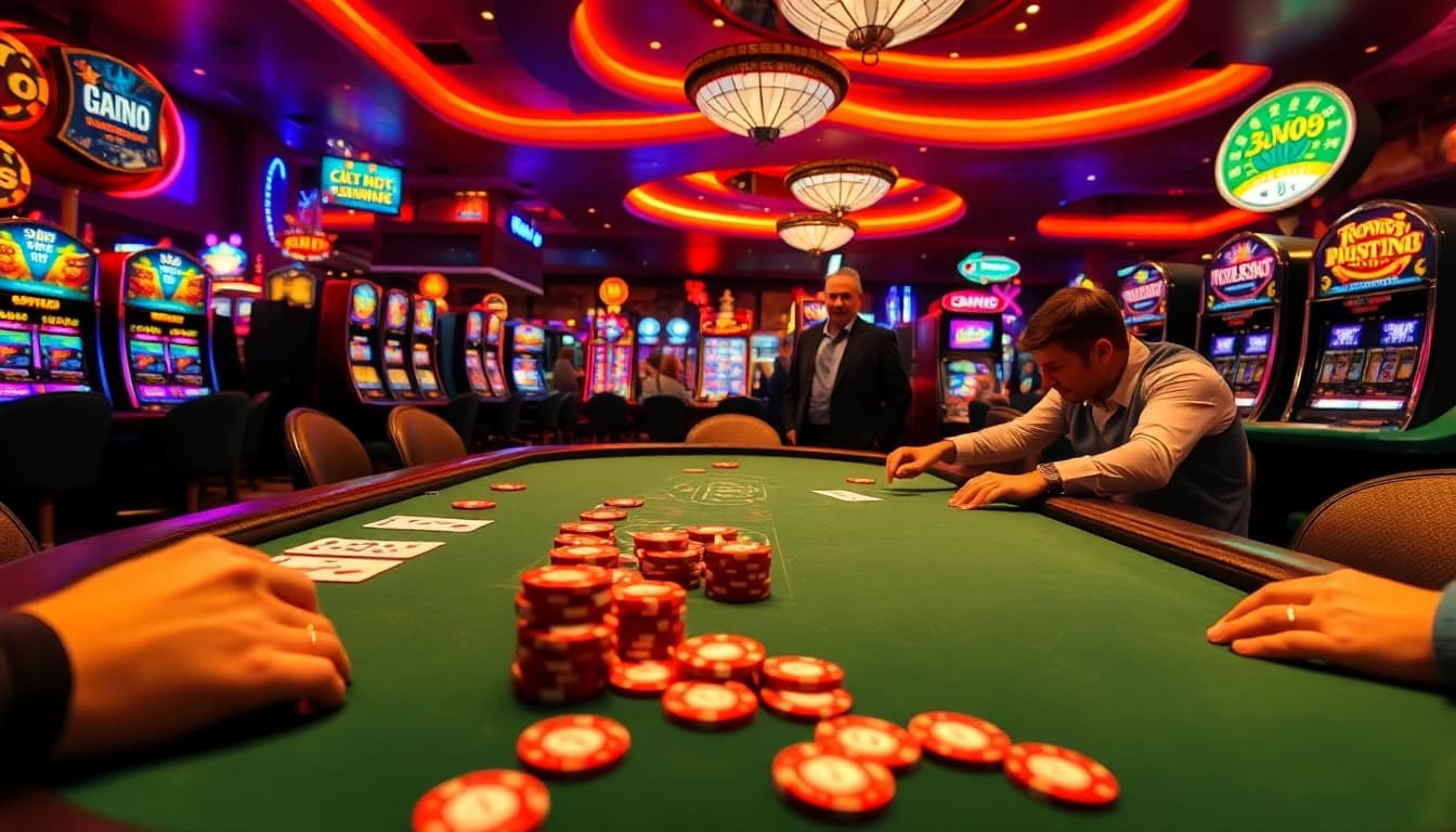 bbni4d menawarkan permainan kasino dengan suasana ceria dan pemain terlibat di meja poker.