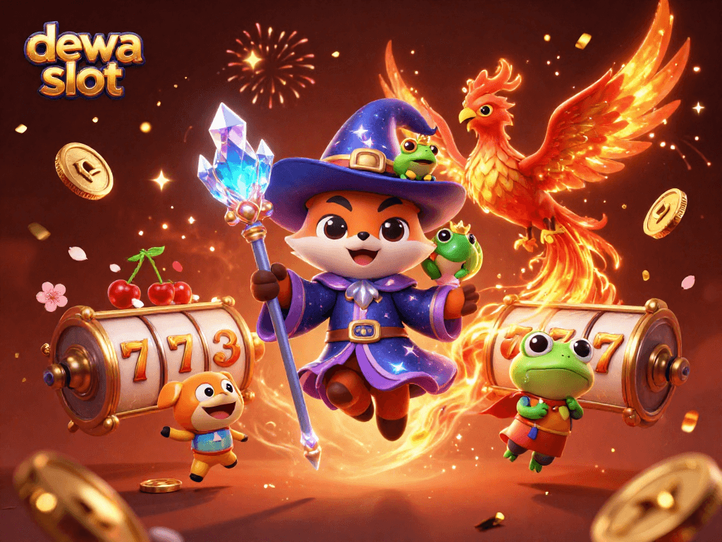 Engage with the exciting dewa slot experience featuring a wizard, phoenix, and royal frog amidst vibrant slot game elements.