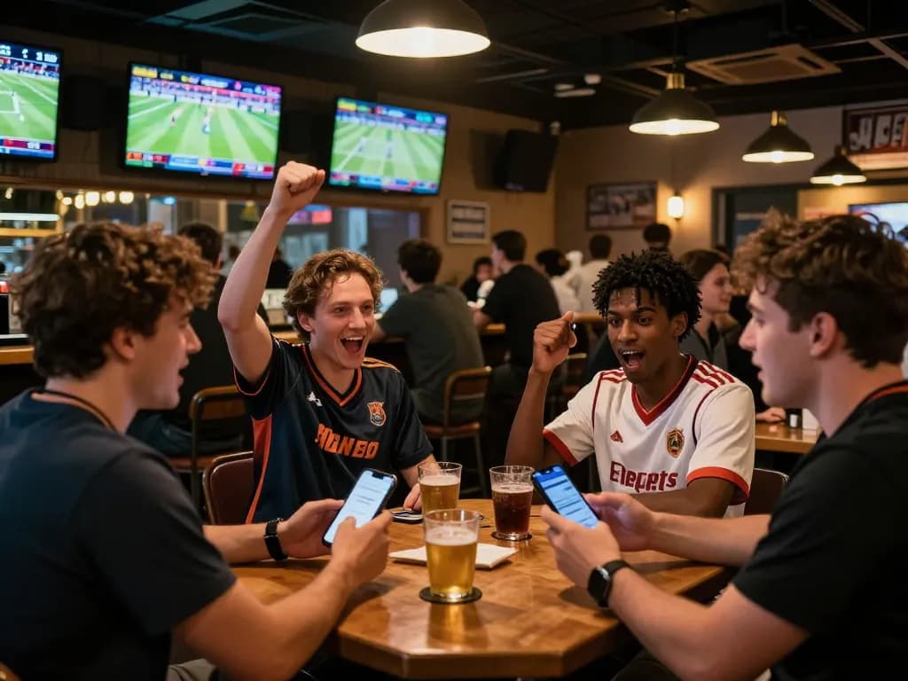 Patrons enjoying live sports betting at Botanicabali, placing bets on mobile apps with excitement.