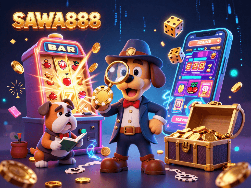 SAWA888 slot gaming action with a detective and bulldog uncovering treasure clues in a vibrant casino setting.