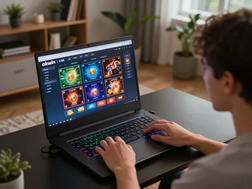 Engaging with the okwin platform in a cozy home setting, showcasing personalized laptop gaming experience.