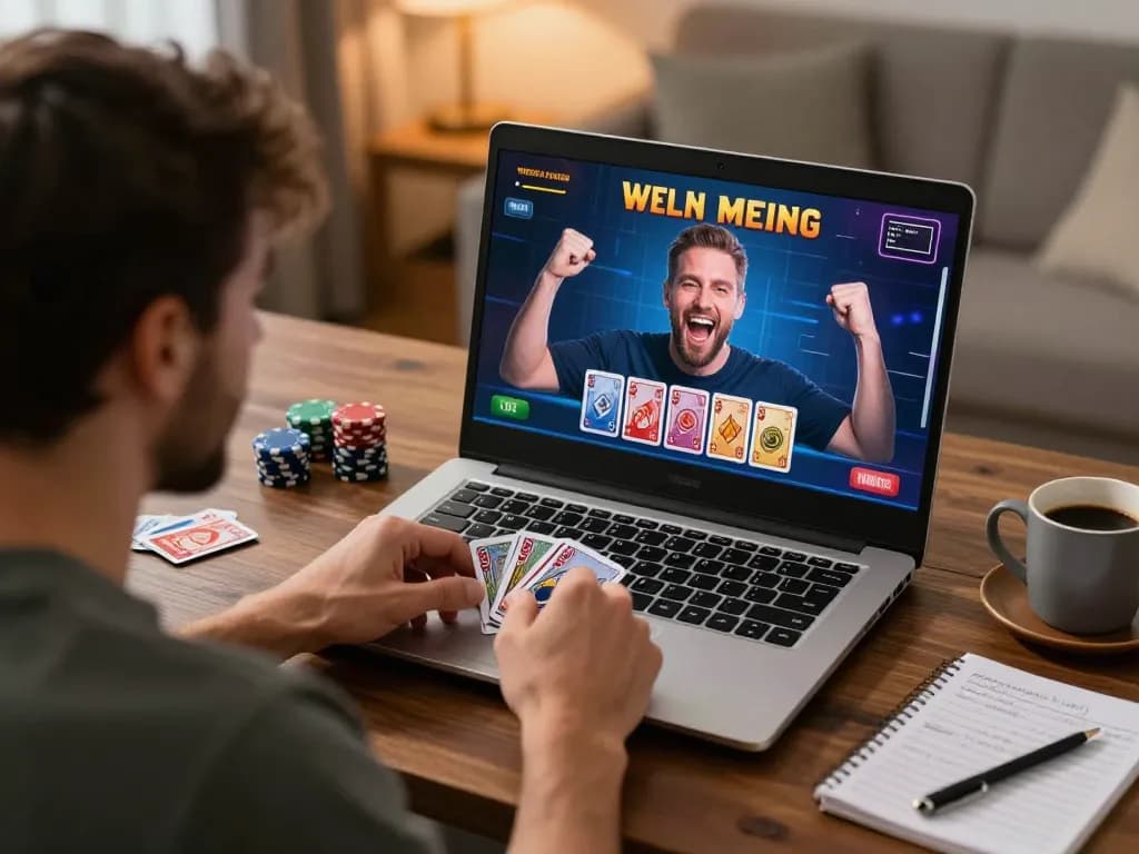 Player enjoying a kkwin game on laptop celebrating a win at home.