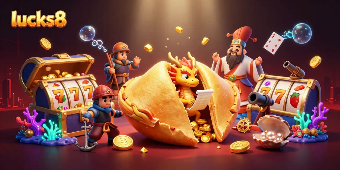 Spin winning reels at lucks8, featuring vibrant scenes of fortune cookies and gold treasures in a casino atmosphere.