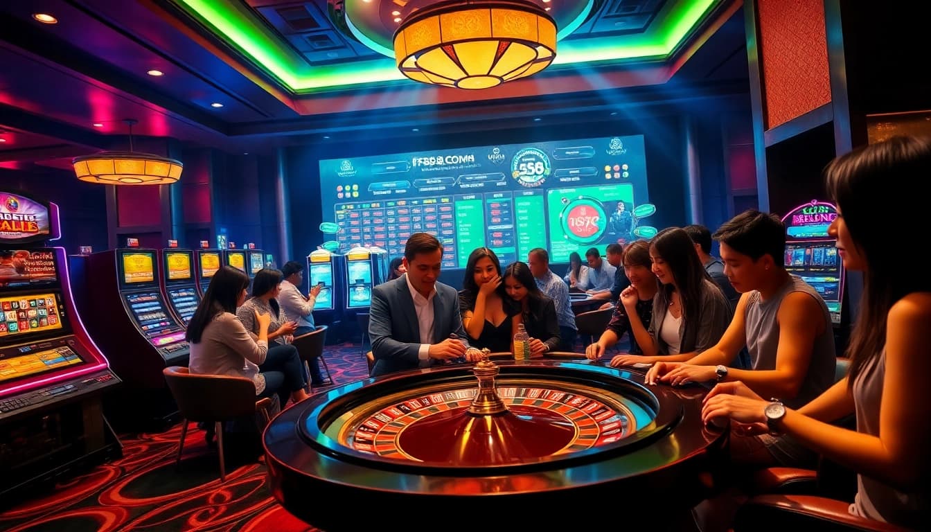 Engaged gamblers enjoying a thrilling gaming experience at FB88 COM with roulette and slot machines.