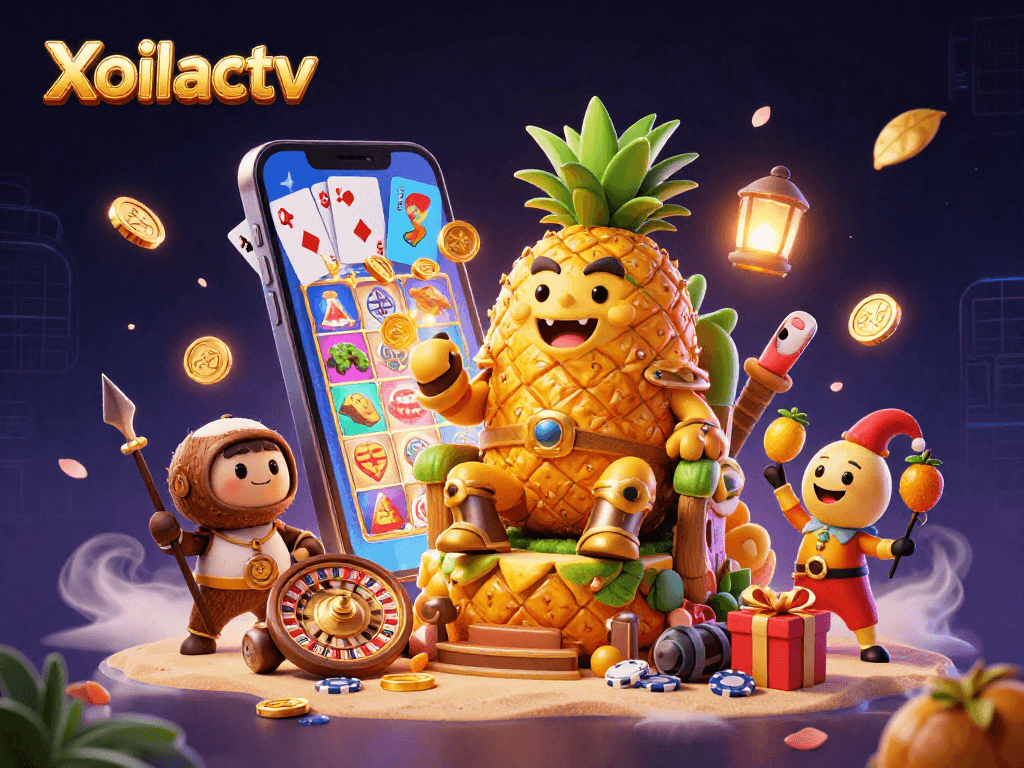 Xoilactv showcases a vibrant beach casino scene with a pineapple king, coconut guards, and gaming action.