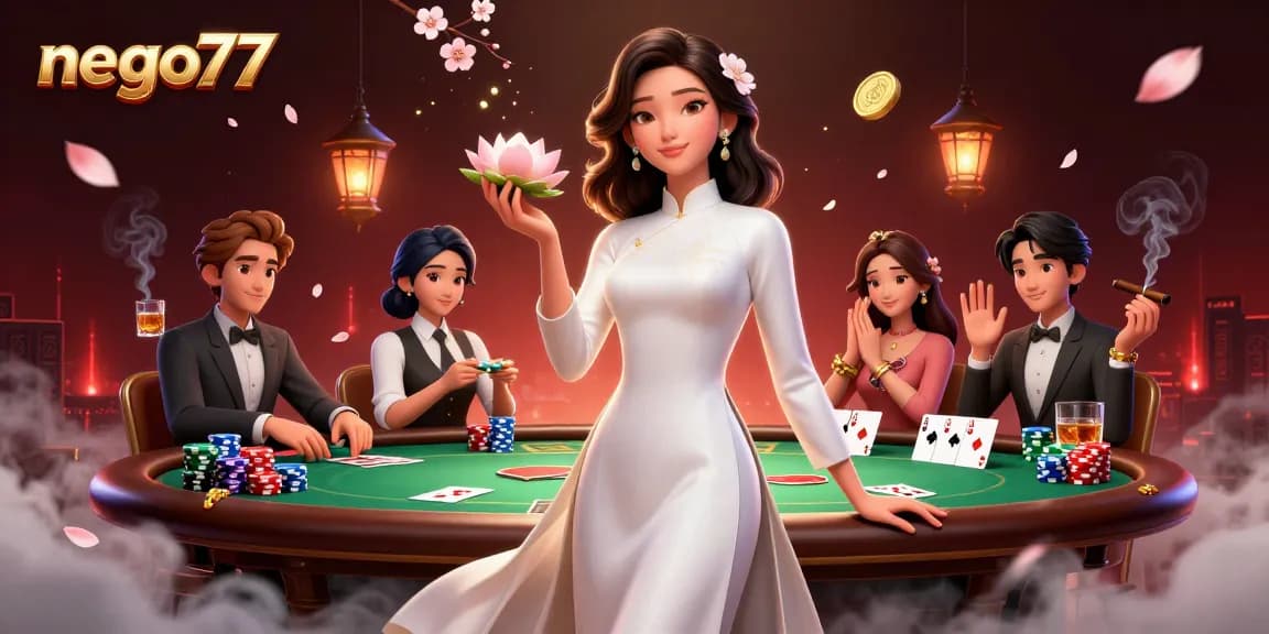 Experience the thrill of gambling with nego77 at a vibrant poker table filled with chips and cards.