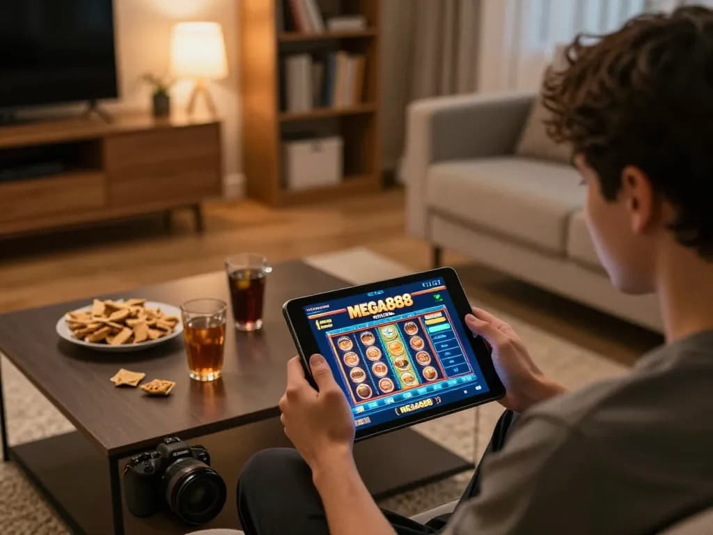 Permainan versi asli Mega888 ditunjukkan pada tablet dalam suasana rumah yang selesa dengan snek.