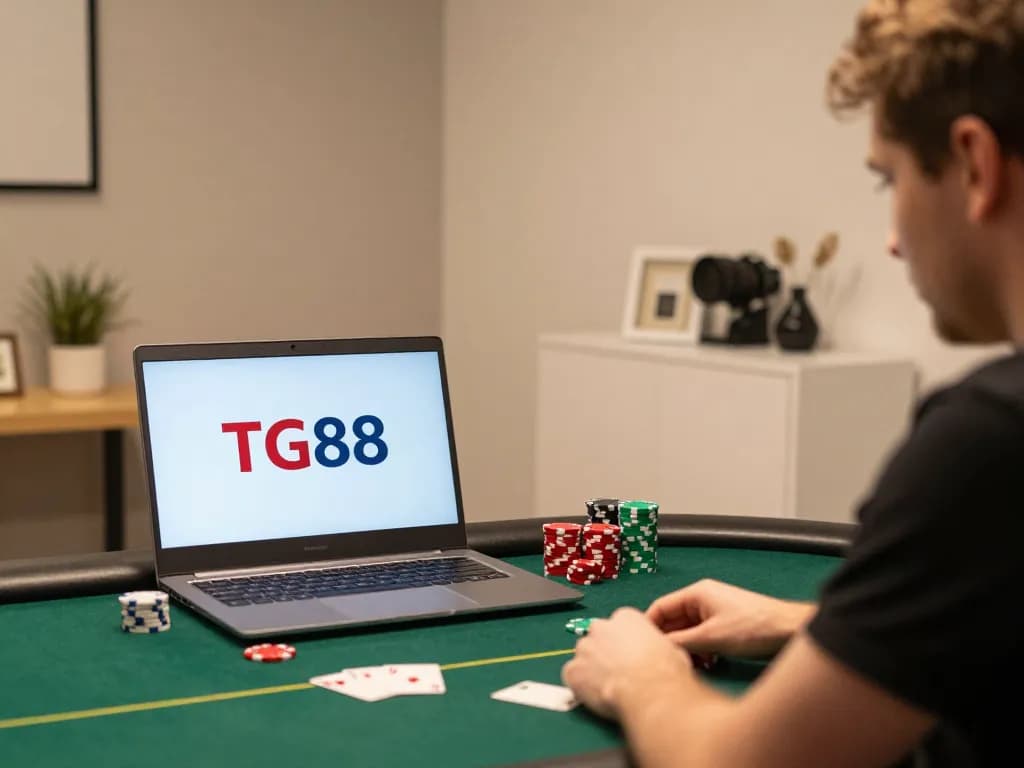 Player engaged in an online poker game with TG88, showcasing concentration and strategic gameplay.