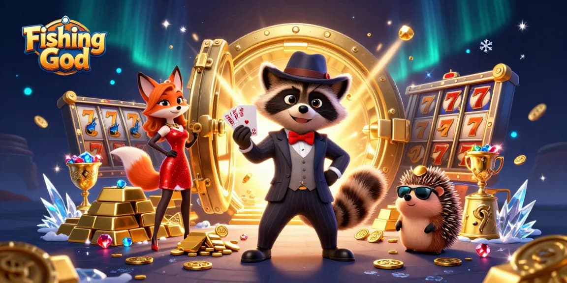 Catch exciting wins with Fishing God, a vibrant casino scene featuring playful characters and rich gambling elements.