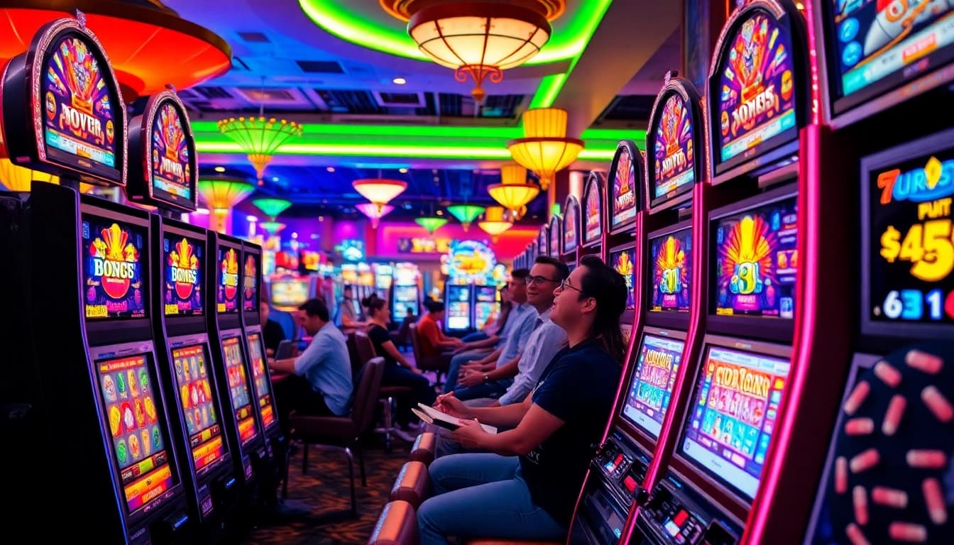 Menampilkan slot mesin di kasino dengan pemain yang sedang menikmati permainan.