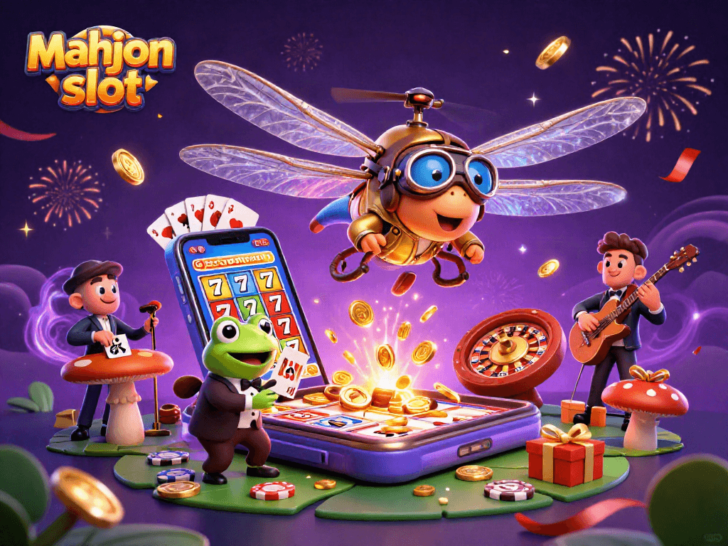 Experience the vibrant action of mahjong slot with a dragonfly pilot and lively casino scene.