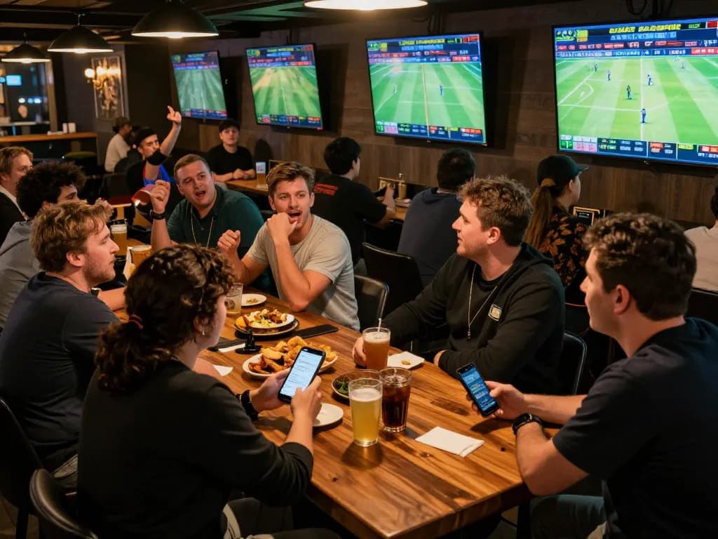 Engaging patrons reviewing kèo nhà cái while enjoying a lively sports betting atmosphere.