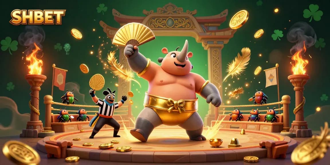 SHBET features a dynamic scene with a victorious cartoon rhinoceros beetle sumo champion amidst a vibrant casino setting.