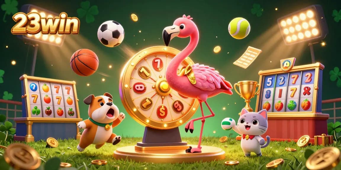 Experience thrilling gaming with 23win's vibrant cartoon scene featuring a flamingo host, bulldog contestant, and dynamic slot elements.