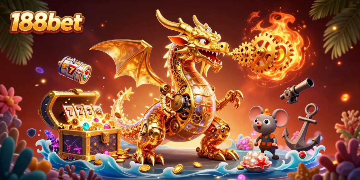 Experience thrilling gameplay with 188bet's dynamic 3D casino illustration featuring a golden dragon and slot reels.