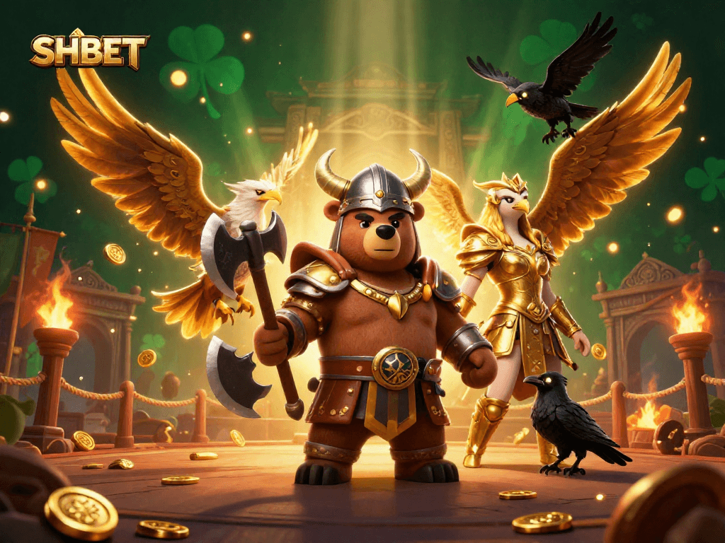 Experience SHBET with the Viking berserker bear and Valkyrie eagle winning big in a dynamic casino background.