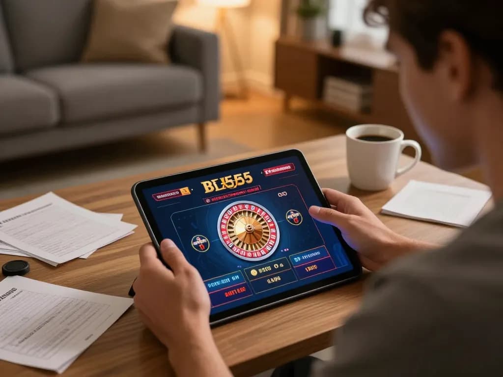 Engaging with the Bl555 app to spin the roulette wheel in a cozy home setting