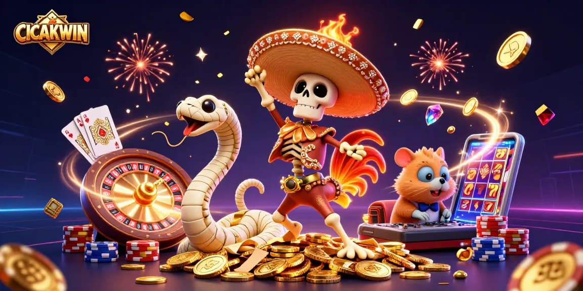 CICAKWIN rewards players with exciting wins in a vibrant casino-themed scene featuring unique characters.