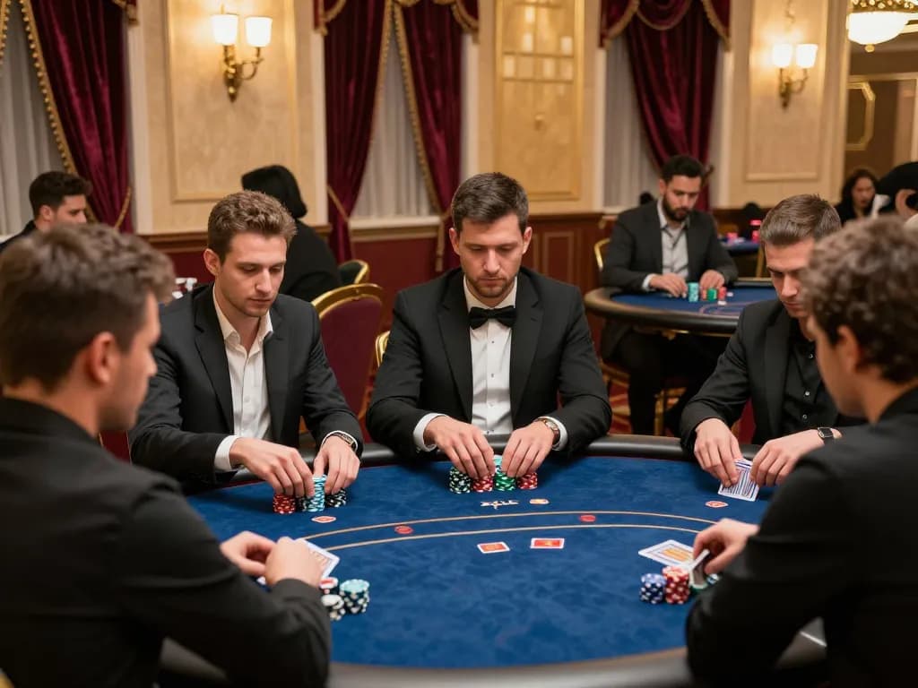 Players at B52 casino focus intensely on their poker hands during a live tournament.