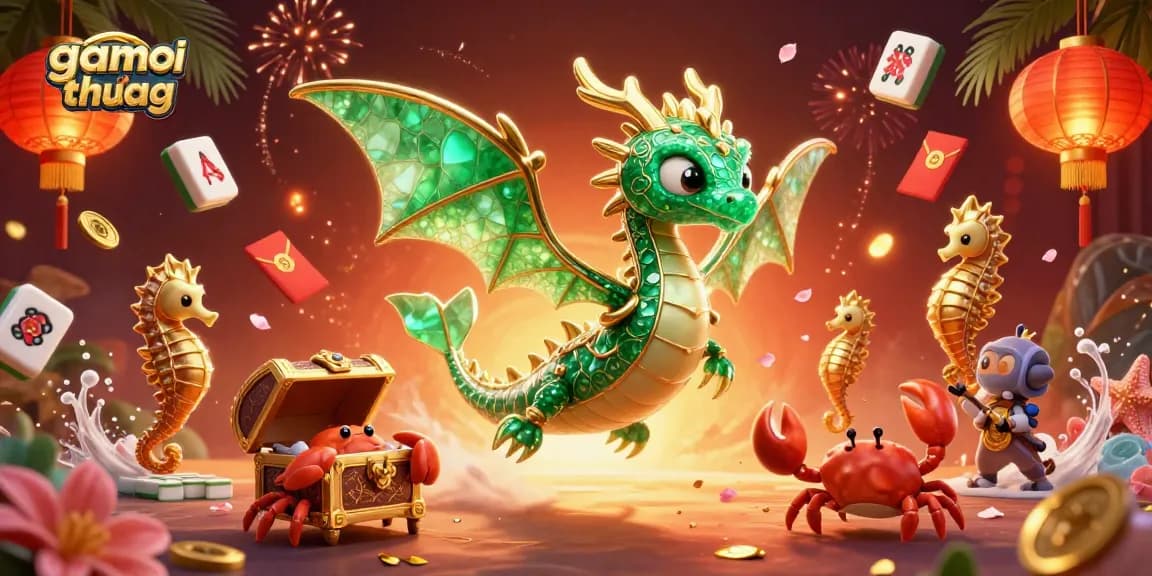 Engage in game doi thuong with this vibrant, dynamic illustration showcasing a leafy sea dragon and treasure elements.