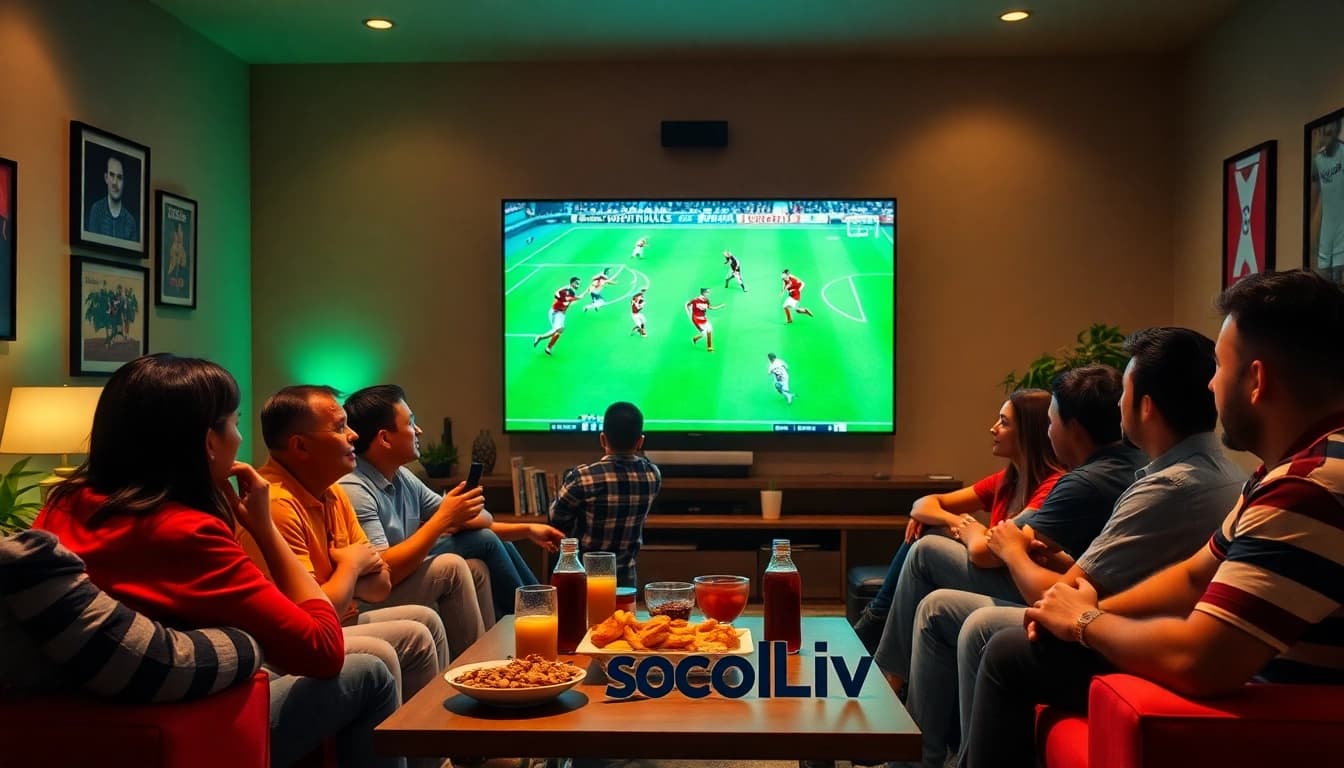 Socolive streaming football match in a lively fan-filled setting with HD visuals.