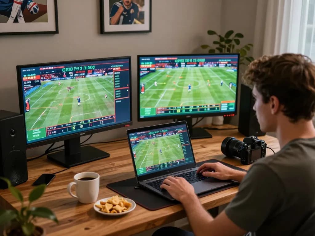 Player enjoying okfun betting experience at home with live sports on multiple screens
