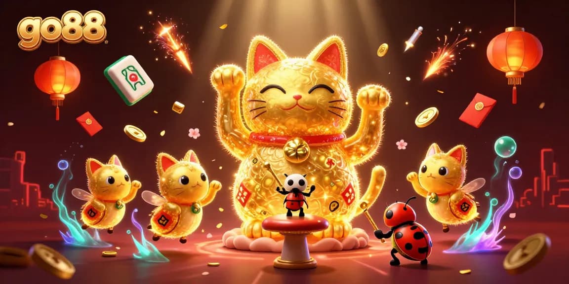 Experience the thrilling world of go88 with vibrant casino elements and an enchanting lucky cat.