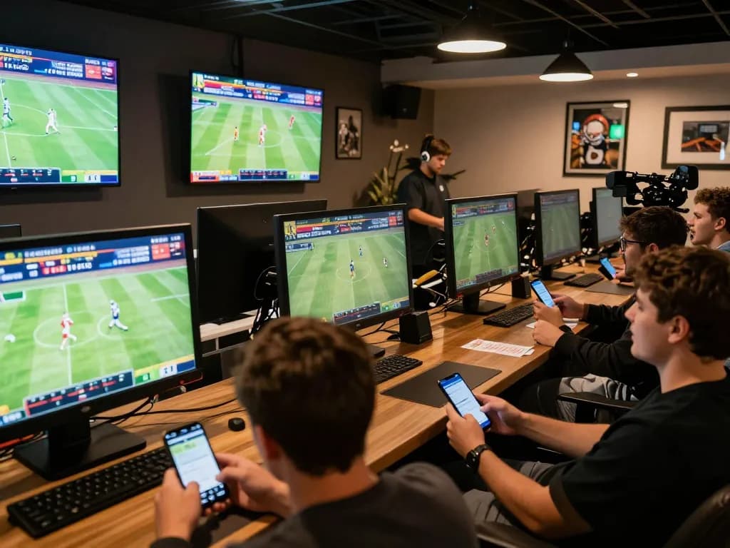 Betting enthusiasts engage with Keo nha cai 5 mobile app in a lively sports lounge