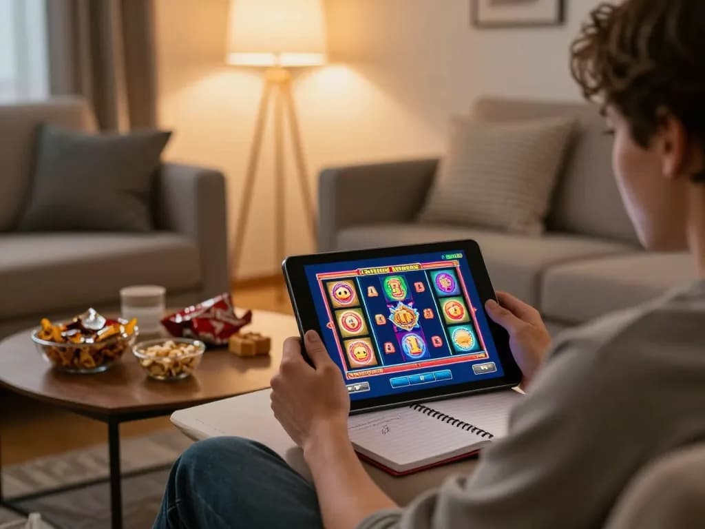 Seseorang bermain slot online di tablet aman788 di ruang tamu yang nyaman, menampilkan permainan yang bertanggung jawab.
