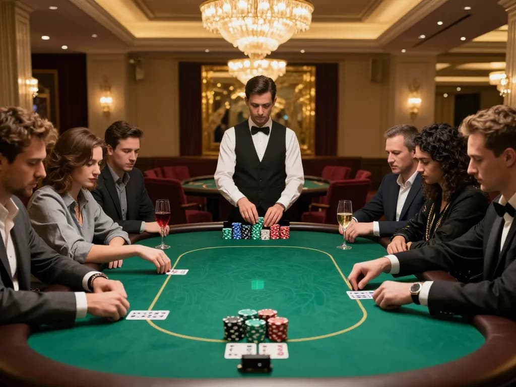 IWIN CLUB high-stakes poker scene with focused players and elegant dealer managing bets