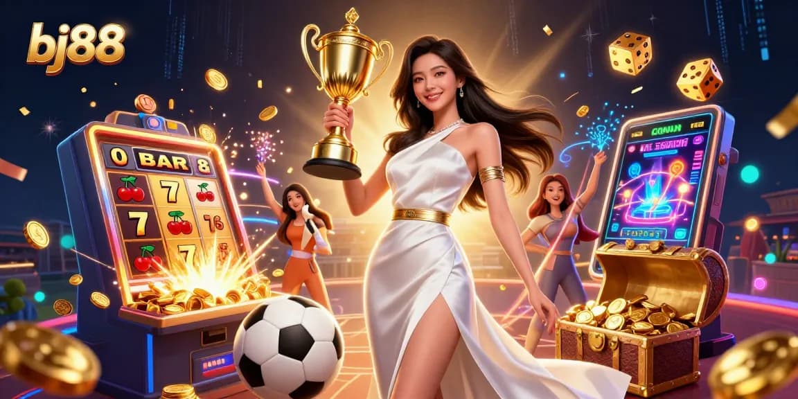 Experience winning moments at BJ88 with a stunning Asian woman holding a trophy surrounded by vibrant gaming elements.