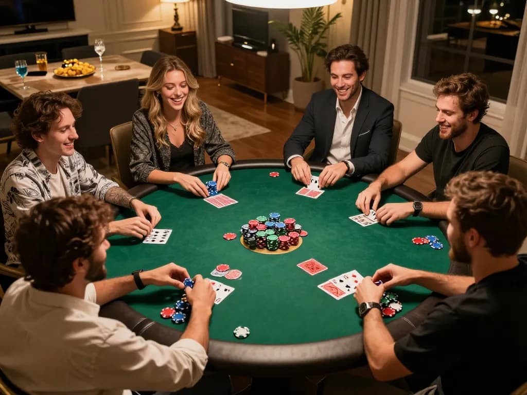 Players enjoying an exciting poker night experience at home with LGOLUX, highlighting engaging card and chip action.