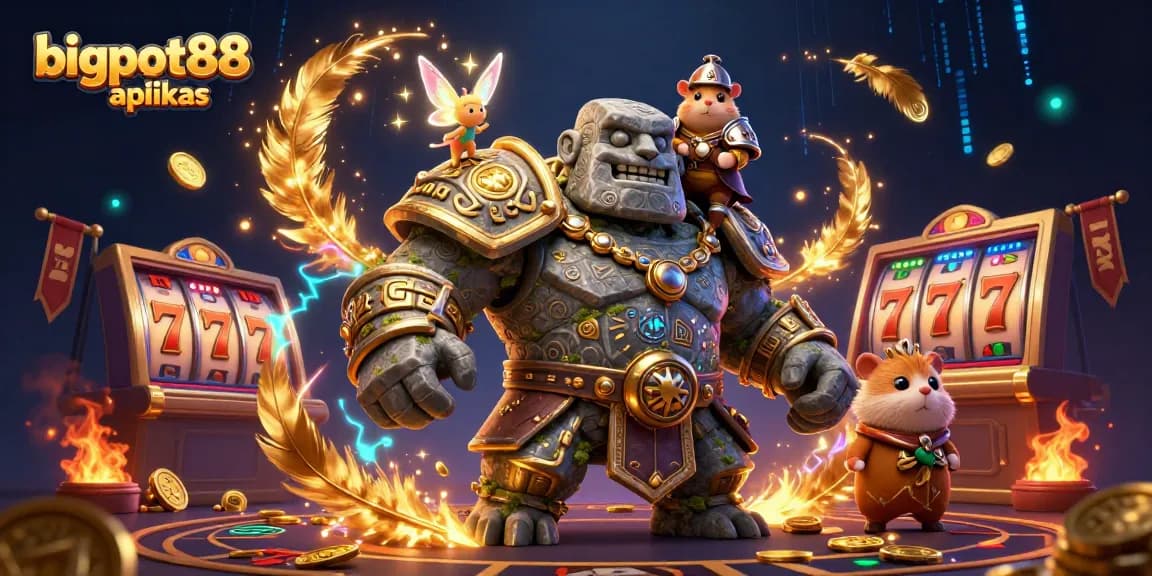 Join the excitement at bigpot88 aplikas with a magical casino scene featuring a golem, fairy, and hamster knight.