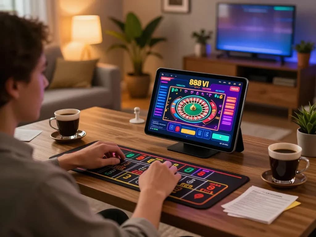 Engaging gameplay on 888 VI casino app showcasing roulette table from a cozy home setting.