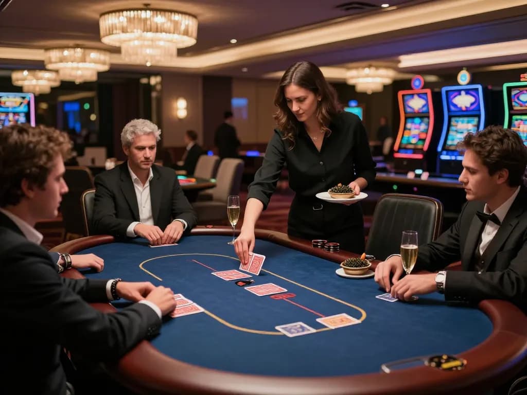 VIP poker table scene at a lavish casino highlighting goldleafrestaurant players engaged in high-stakes gambling
