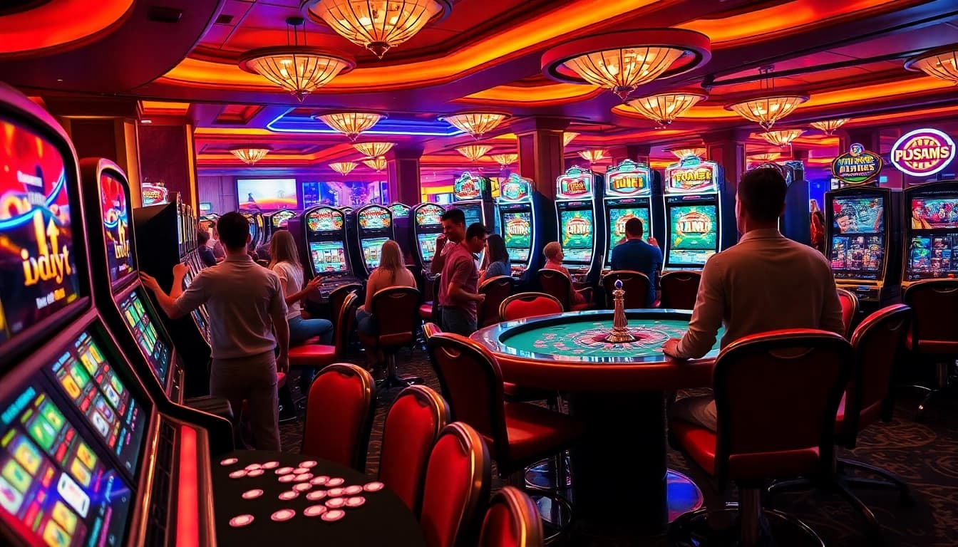 Players enjoying idn slot games at a vibrant casino with luxurious decor and exciting atmosphere.
